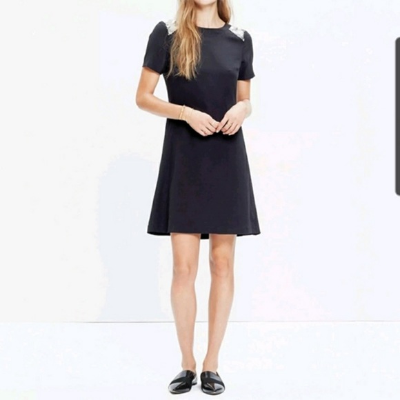 Madewell Black 100% Silk Sequin Yoke Short Sleeve Shift Mini Dress 0/XS - Picture 3 of 9